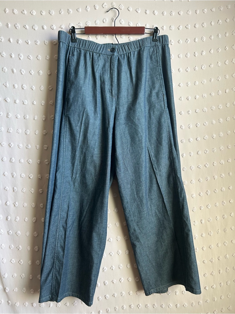 Eileen Fisher Chambray Wide Leg Cropped Pull On Pants Sz L Dark Wash